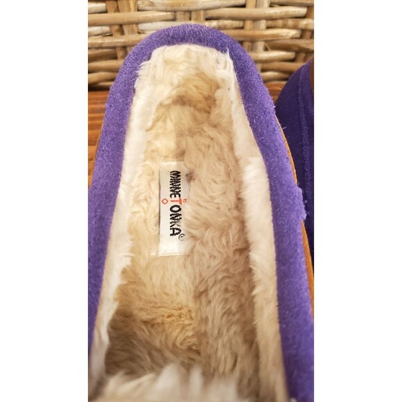 Minnetonka Girls Purple Suede Moccasin Slippers Faux Fur Leather lace Size 4 - Picture 4 of 12